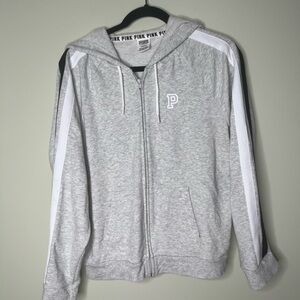 Gray Victoria Secret PINK Zip-Up Hoodie with Stripes